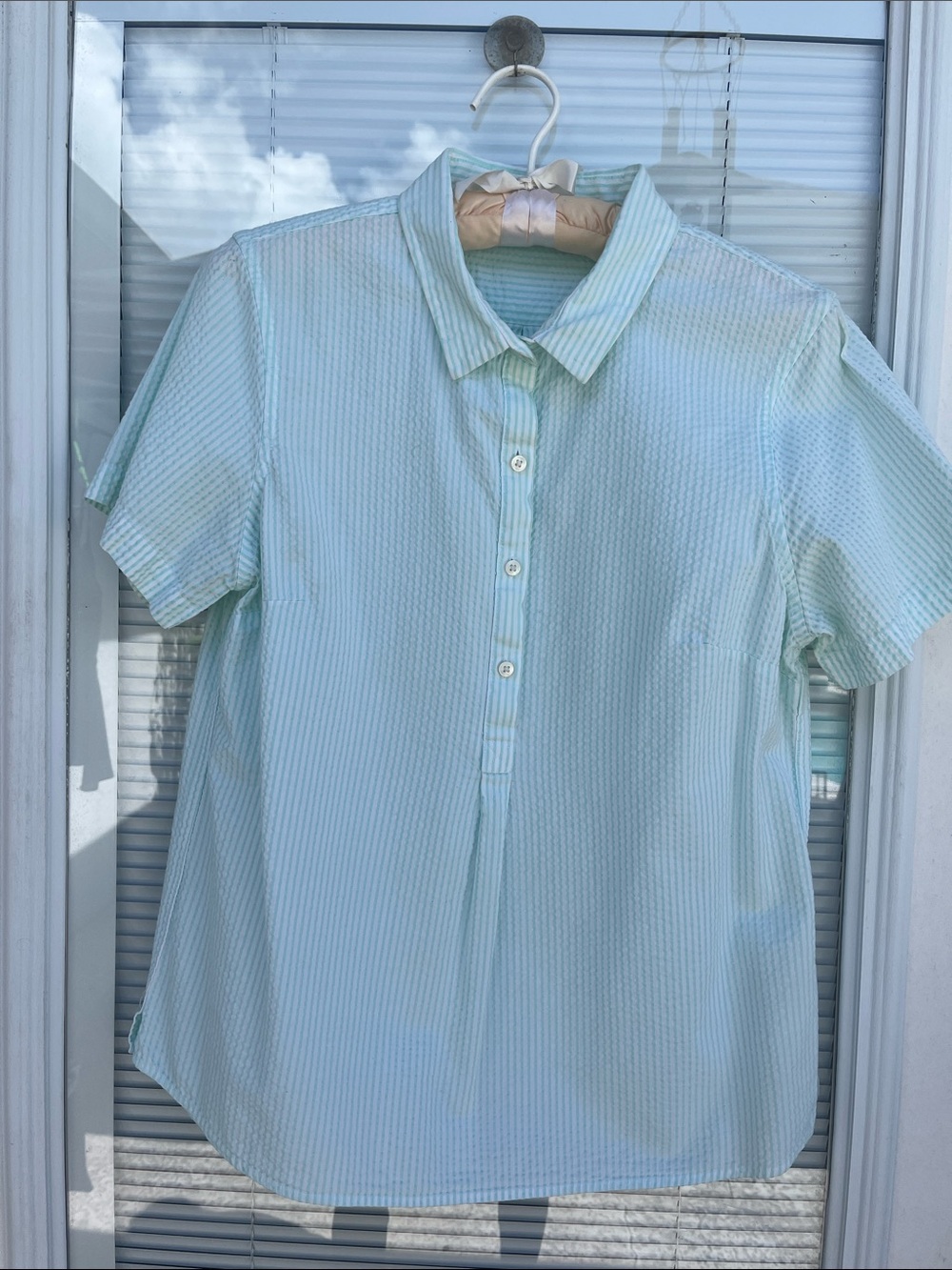 LL BEAN Women's Vacationland Seersucker Shirt, Short-Sleeve Popover Stripe SZ:XS